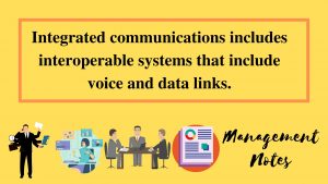 Integrated communications includes interoperable systems that include voice and data links.