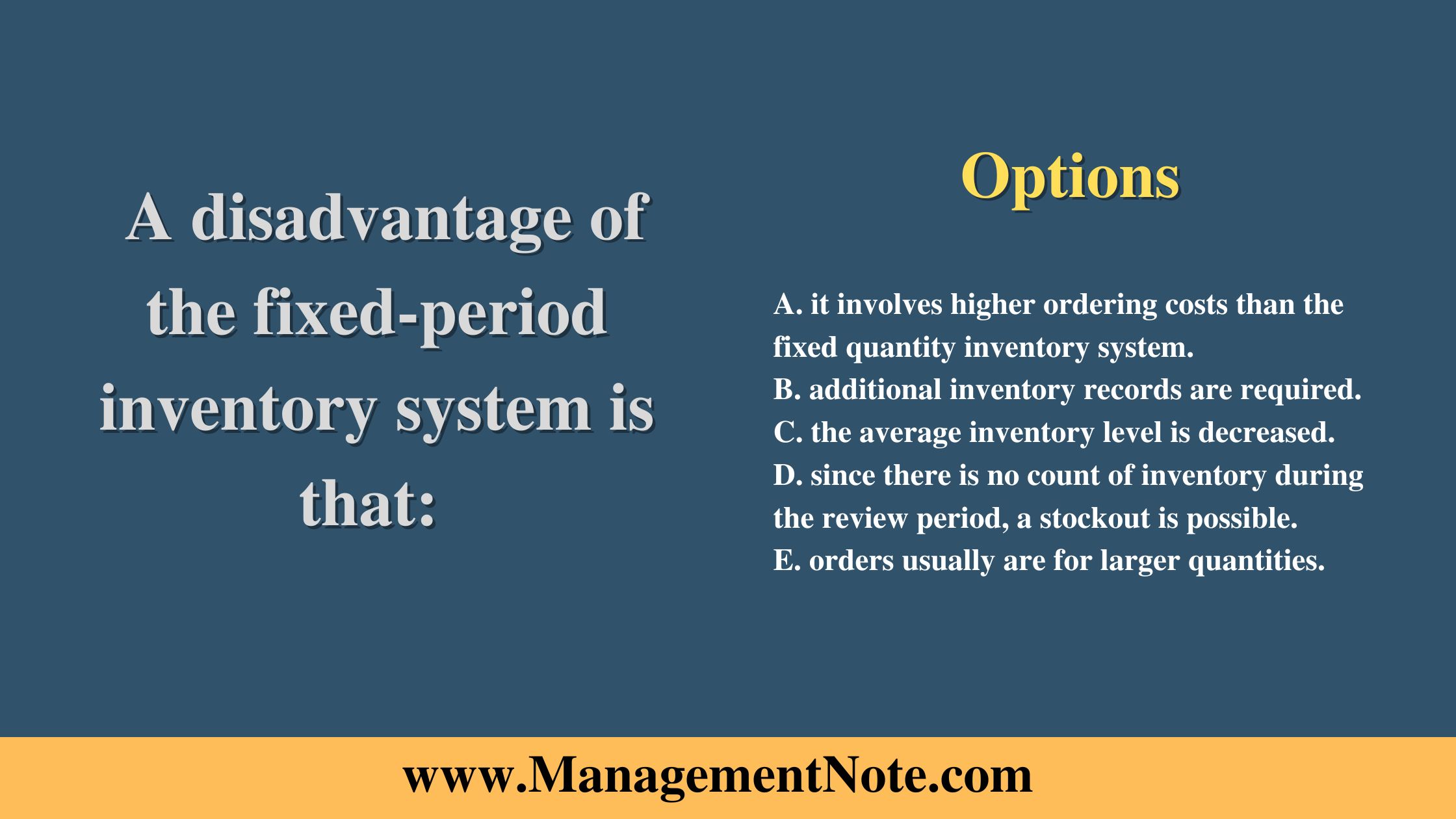  A disadvantage of the fixed-period inventory system is that: 
