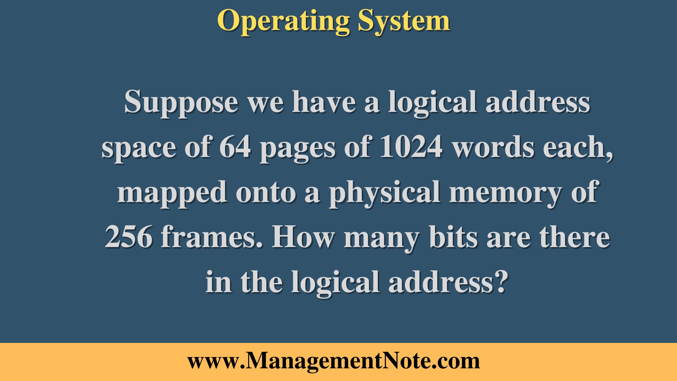 Suppose we have a logical address space of 64 pages of 1024 words each, mapped onto a physical memory of 256 frames. How many bits are there in the logical address?